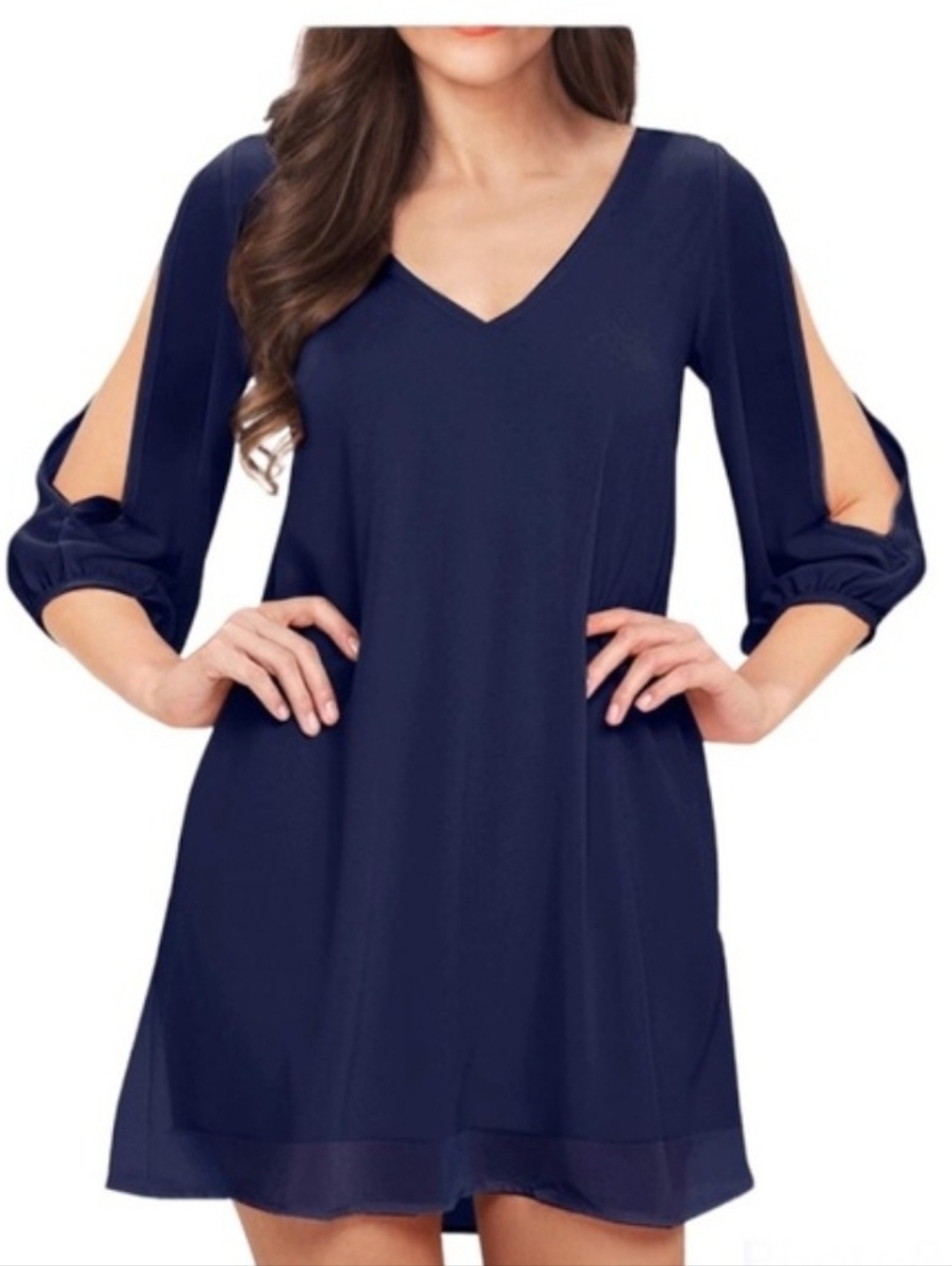 Women's Navy V-Neck 3/4 Sleeve Tunic Dress
